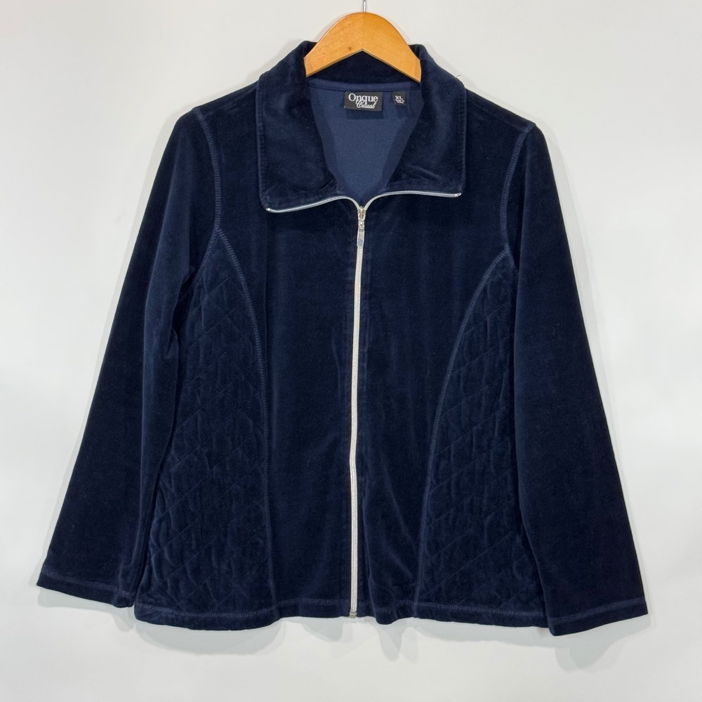 Onque Casual Jacket Womens XL Navy Blue Velour Zip Up Quilted Velvet Soft Comfy